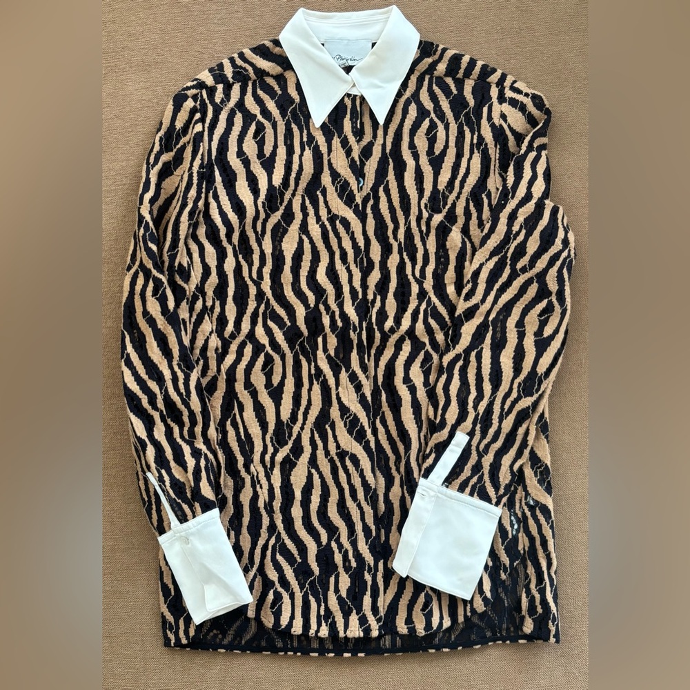 3.1 Phillip Lim Black and Tan Zebra Print Top Shirt Sz 0 Brand New